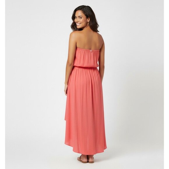 NWT Coral Embroidered Print High-Low Hem Cinched Waist Strapless Boho Midi Dress - Picture 5 of 10